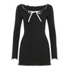 Women's Wavy Bow Sweet Color Contrast Age Reduction Waist Slimming Long Sleeved Dress