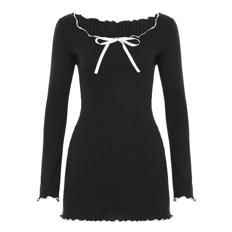 

Женское платье с волнистым бантом, милым контрастным цветом, уменьшающее талию, с длинными рукавами S чёрный