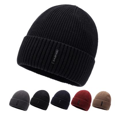 Winter Men Knitted Hat Windproof Warm Wool Hat Ear Protection Velvet Solid Color Hat