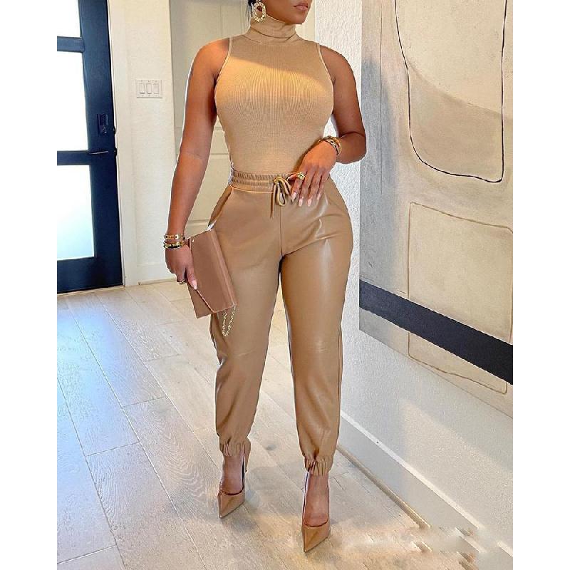 2026 Spring/Summer New Solid Color Drawstring Pocket PU Leather Casual Fashion Jogger Pants for Women