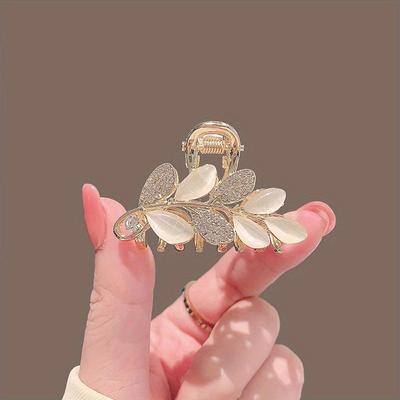 Exquisite Cat's Eye Stone Leaf-Shaped Small Hair Claw Clip for Back-of-Head Updo, Elegant Half-Up Hairstyle Hairpin, High-End Hair Accessory