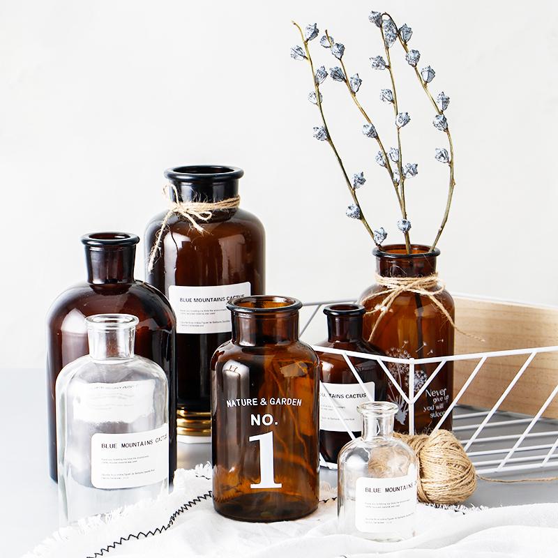 Vaze Bud Sticlă Medicină Nordică Chihlimbar Închis/Vază Sticlă Transparentă Ghiveci Hidroponic Mini Vază de Masă Decor Acasă Birou