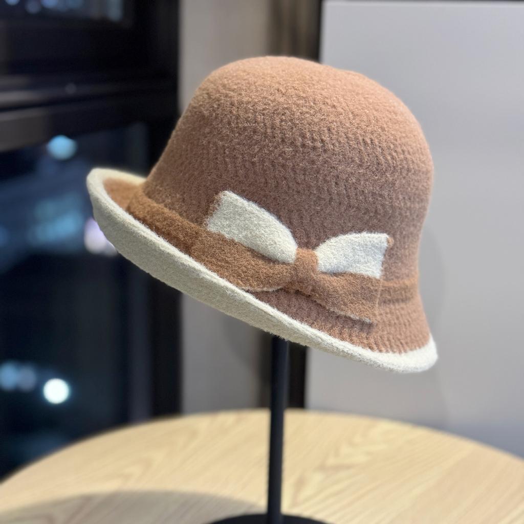 New women's autumn and winter Korean-style two-tone bow fisherman hat, elegant and warm knitted hat for middle-aged and elderly, trendy