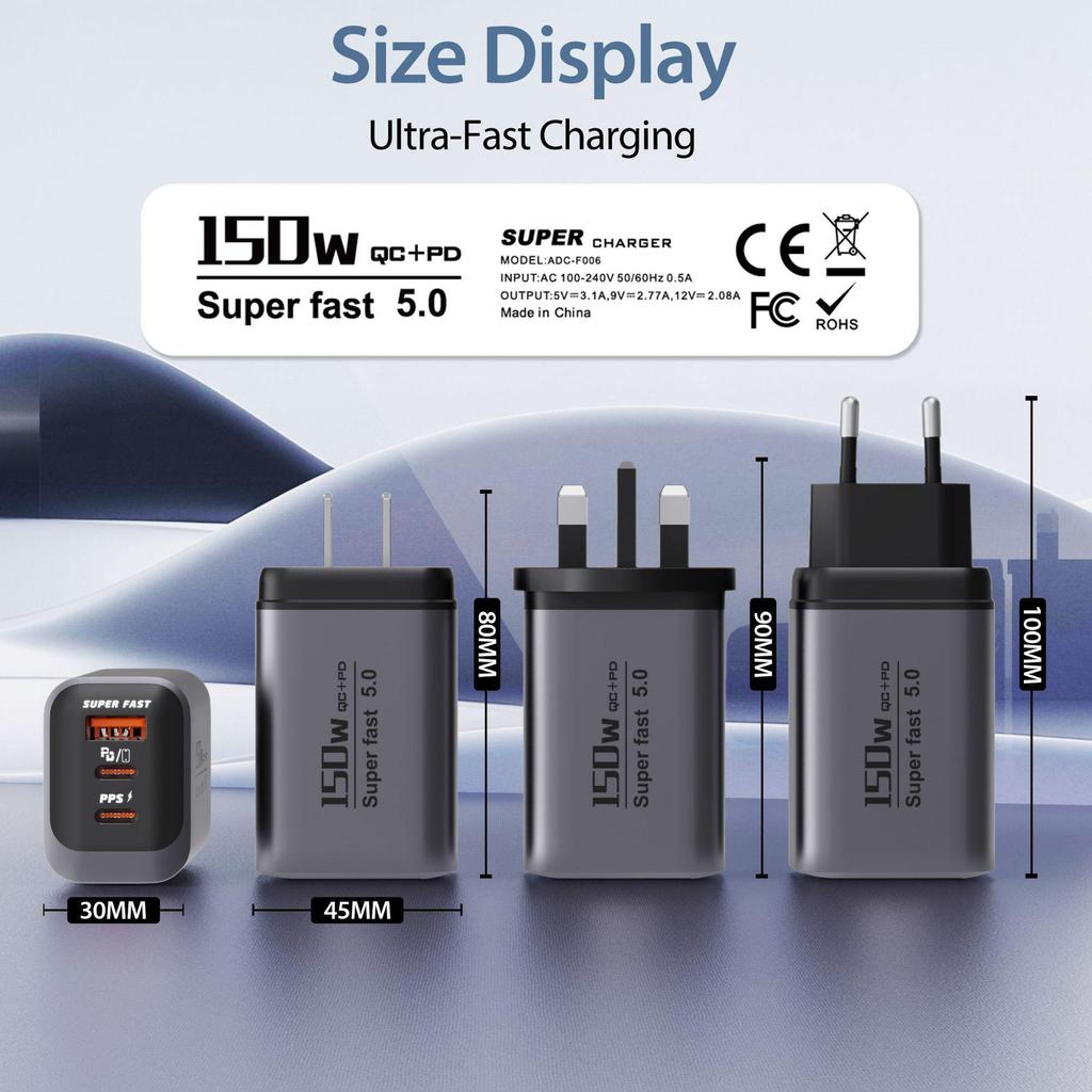150W Dual Type-C Super Fast Charger for Huawei & Apple Phones, Universal Compatibility