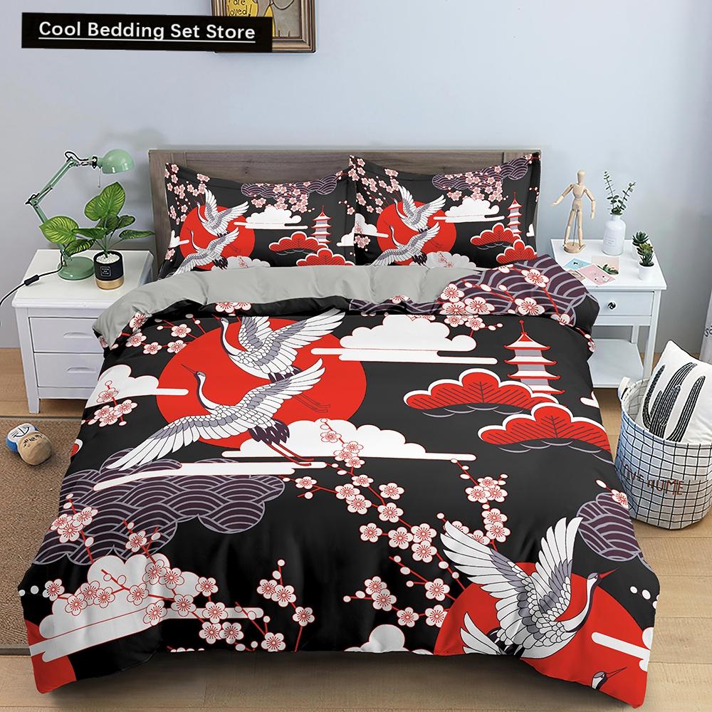 Kranich Gedrucktes Bettwäscheset 3D Rote Japanische Kirschblüten Bettbezug King Queen Größe Floral Wolke 2/3tlg. Polyester Steppdeckenbezug