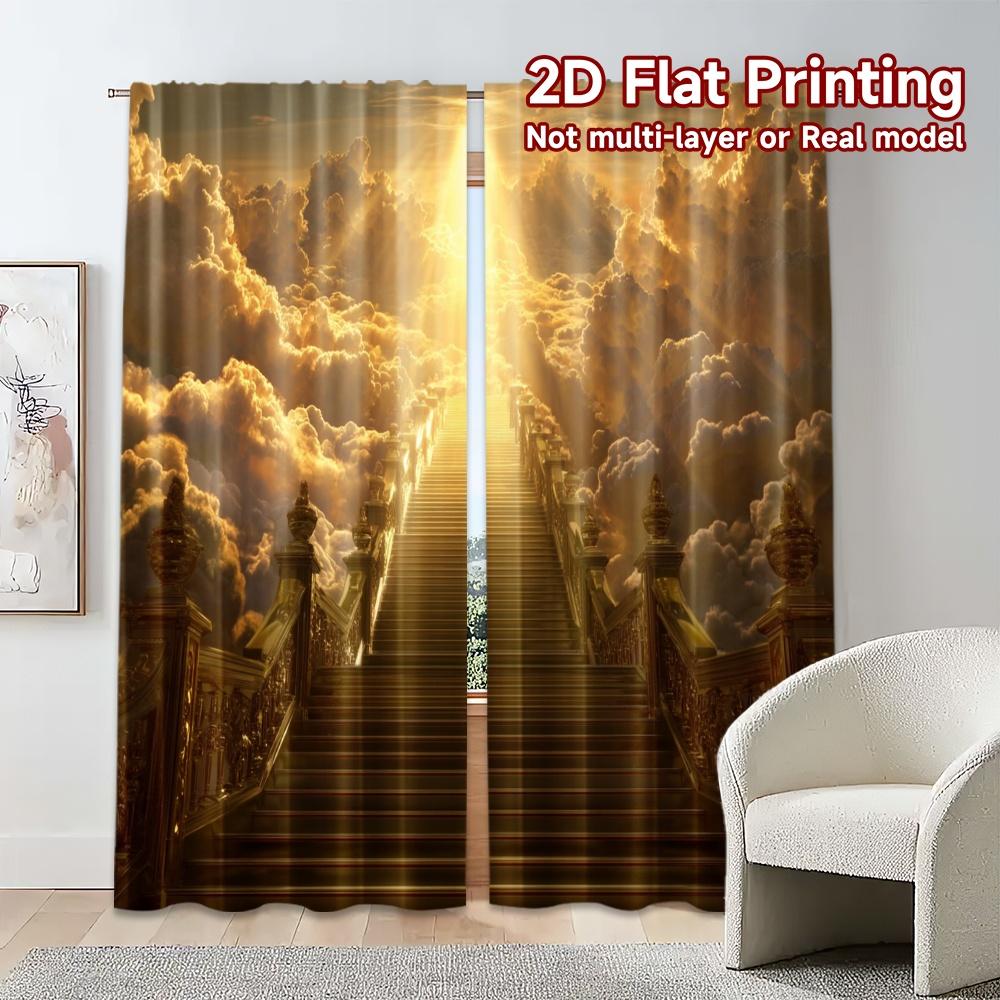 2pcs, 2D FLAT PRINTING Curtains (Without Rod) Golden Ascension Modern Print Curtains Polyester Easy Install Curtains Outdoor