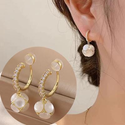 Delicate Summer Drop Earrings No Piercing Earrings Imitation Cat Eye Stone Ball Pendant Clip On Earrings