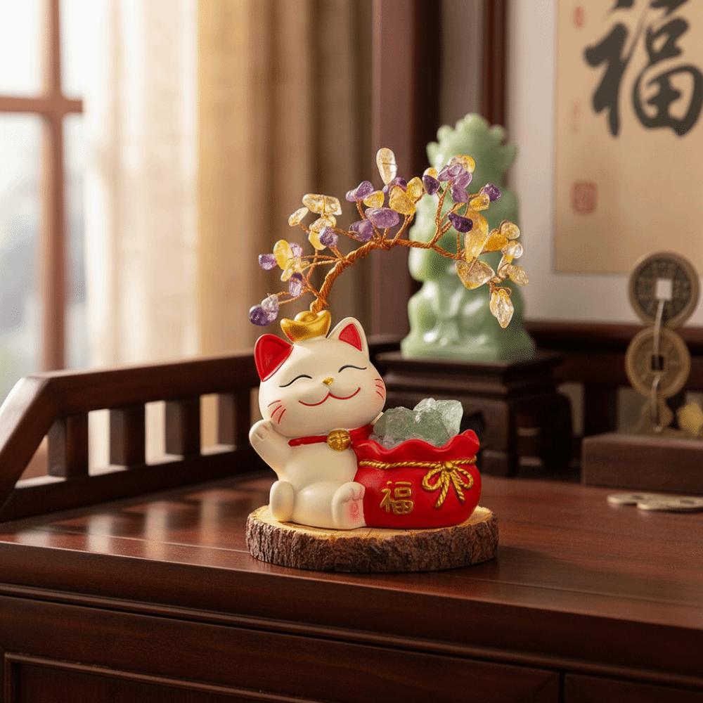 Creative Design Natural Crystal Crystal Tree Colorful Gravel Fortune Cat Fortune Tree Christmas Gifts