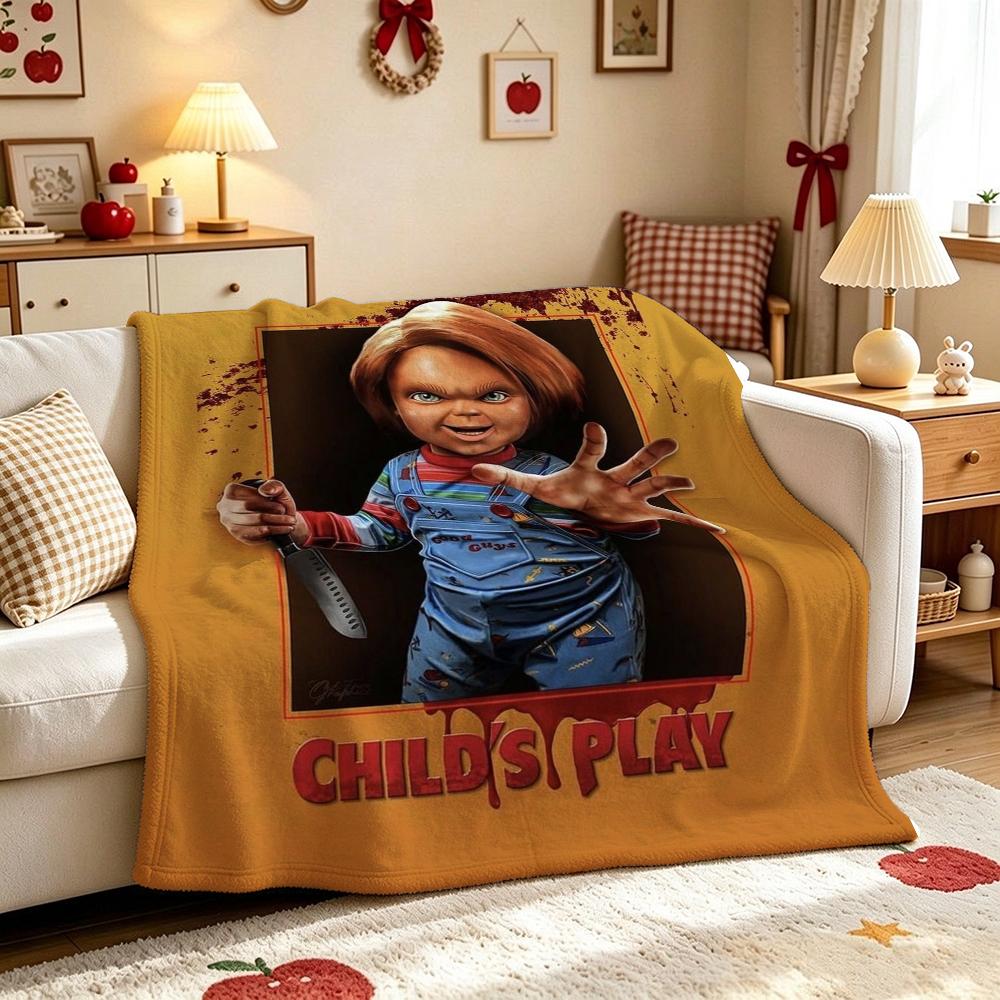 Good Guys Classic Horror Doll Pattern Theme Flannel Blanket Warm Comfortable Fleece Blanket For Office Sofa Party Decor Halloween Gift