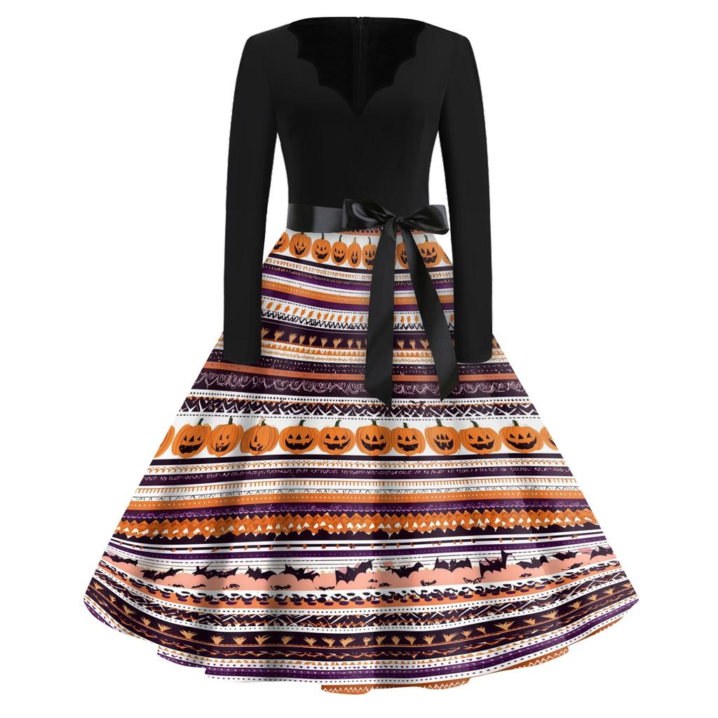 Women Casual Vintage V Neck Dress Long Sleeve Halloween Print Retro Style Midi Dress with Waist Tie Belt