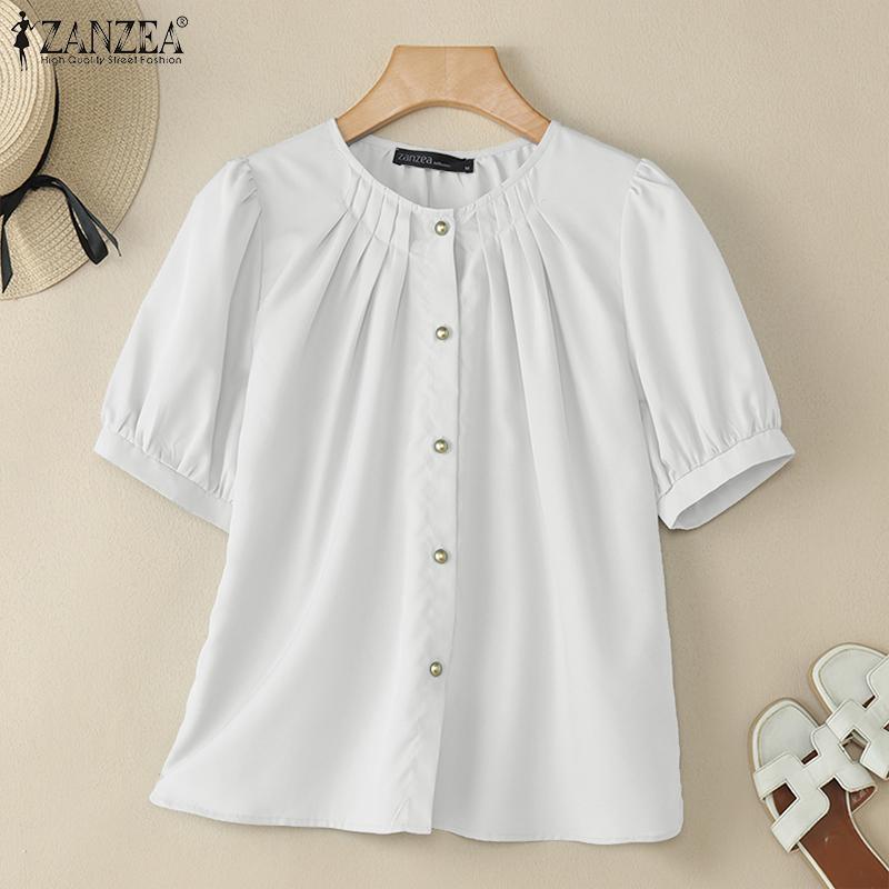 ZANZEA Damen Freizeit Rundhals Einfarbig Kurzarm Bluse