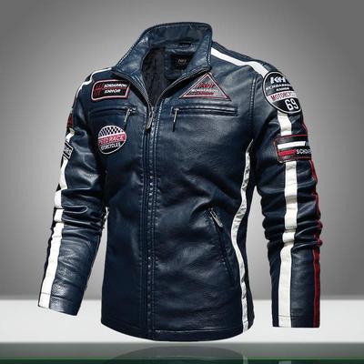 Winter Leather Jacket Men Stand Collar Motorcycle Retro Velour Pu Jackets Embroidery Printing Big Size Mens Zipper Coats