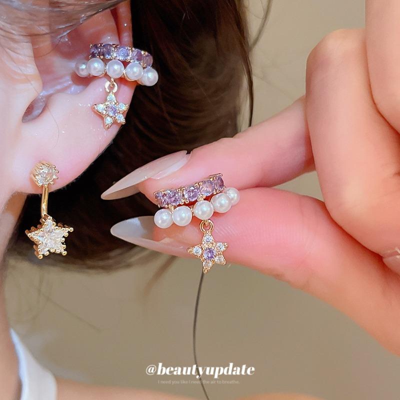 Early Summer Love Song~ Super Sparkling Zircon Round Star Stud Earring Clip Set Light Luxury Advanced Sense No Ear Piercing Ear Bone Clip