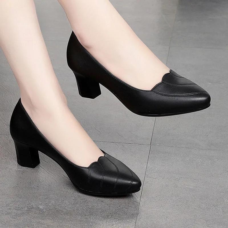 Pofulove Women Mid Square Heel Shoes Pumps Black Pu Office Lady Spring Non Slip Fashion Mother Oxford Shoe Zapatos Mujer