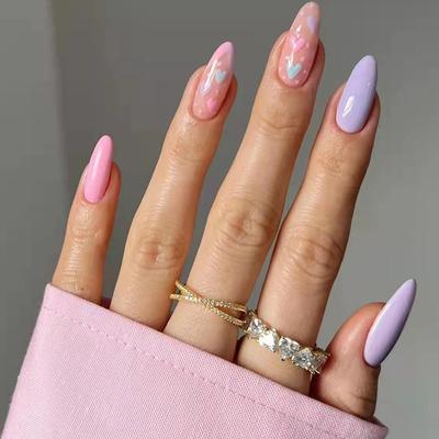 Uñas Artificiales Parche de Manicura Portátil Color Macaron Lindo Amor Amante Parche de Uña Falsa Rosa Morado Blanco