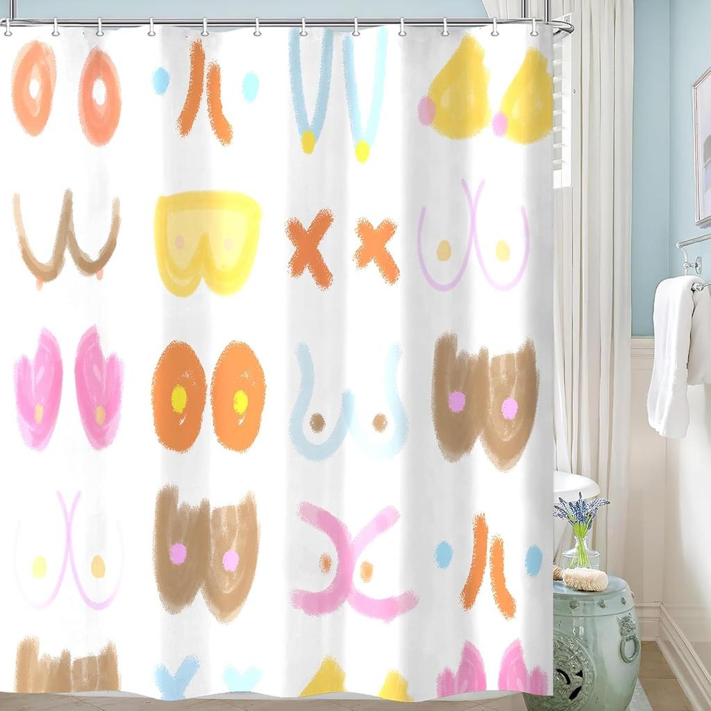 Funny Boobs Shower Curtain, Fun Funky Boobie Body Shower Curtain Set for Adults Bathroom, Colorful Nude Female Fabric Shower Curtain Restroom Bathtub