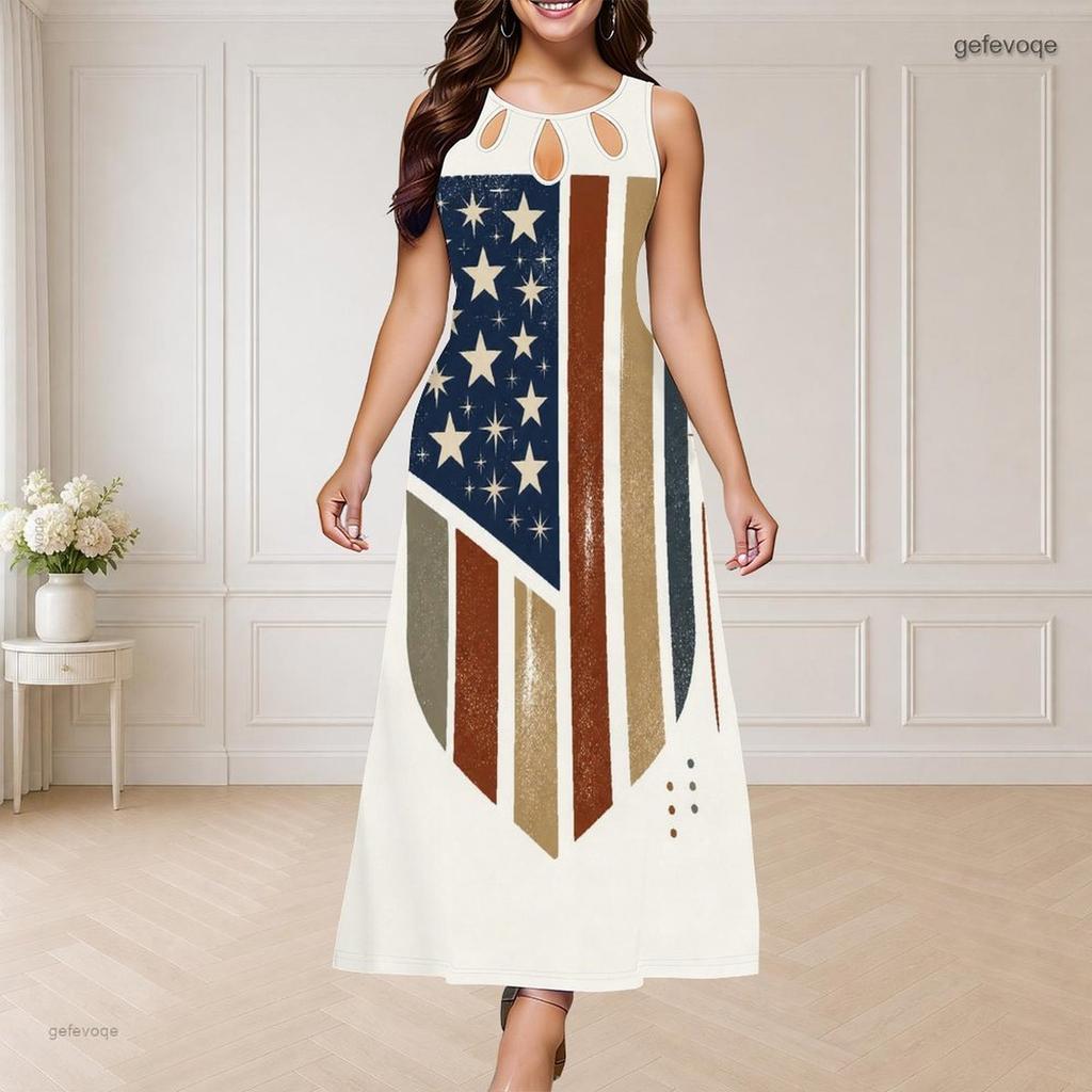 Women Plus Size Sleeveless Maxi Dress Round Neck Triple Keyhole Cutout Star Stripe Print Red Blue Off White