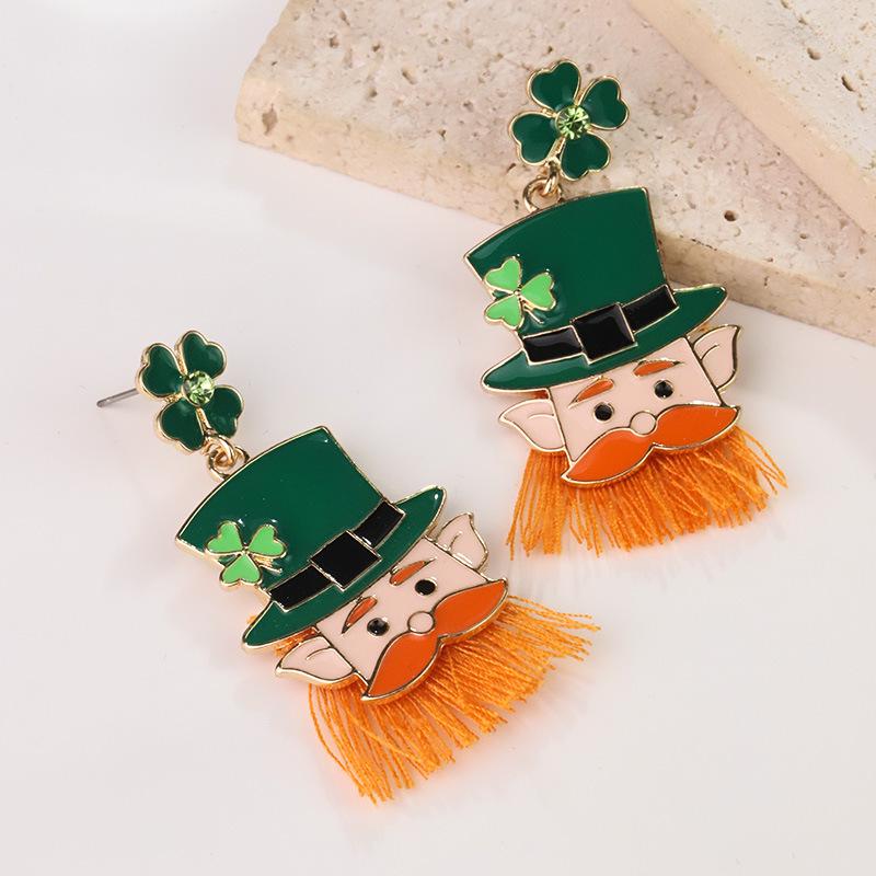 Cross-Border St. Patrick's Clover Tassel Earrings with Irish Hat Design