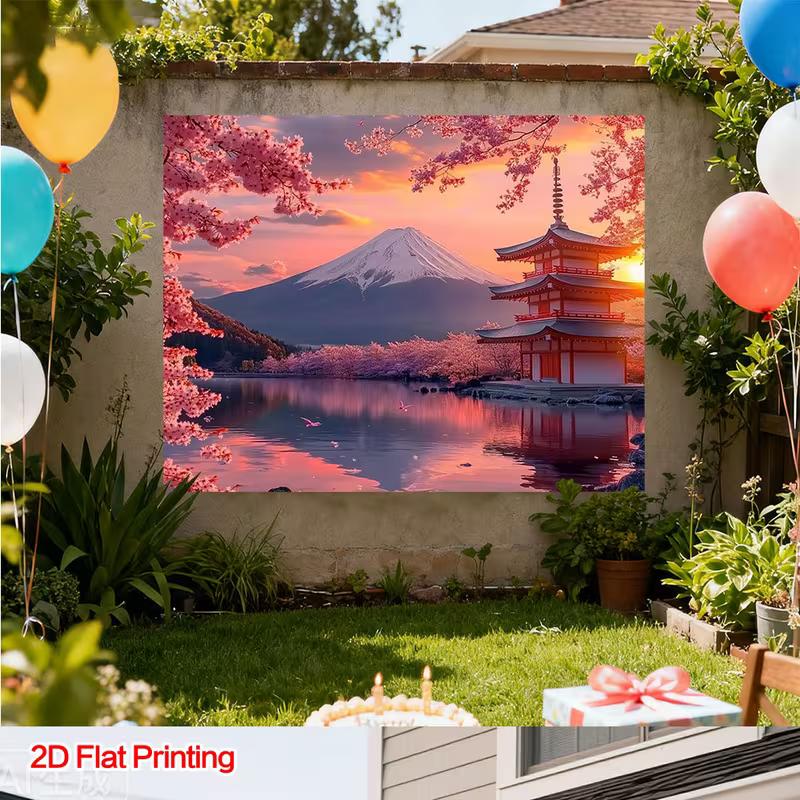 2D Mount Fuji Cherry Blossom Sunset Backdrop Japanese Temple Decor