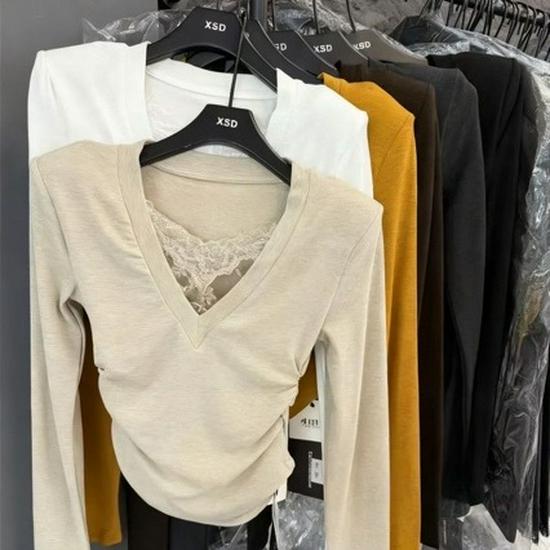 

Элегантный топ с V-образным вырезом и кружевной отделкой из немецкого бархата с длинным рукавом, подчеркивающий талию, для осени/зимы S