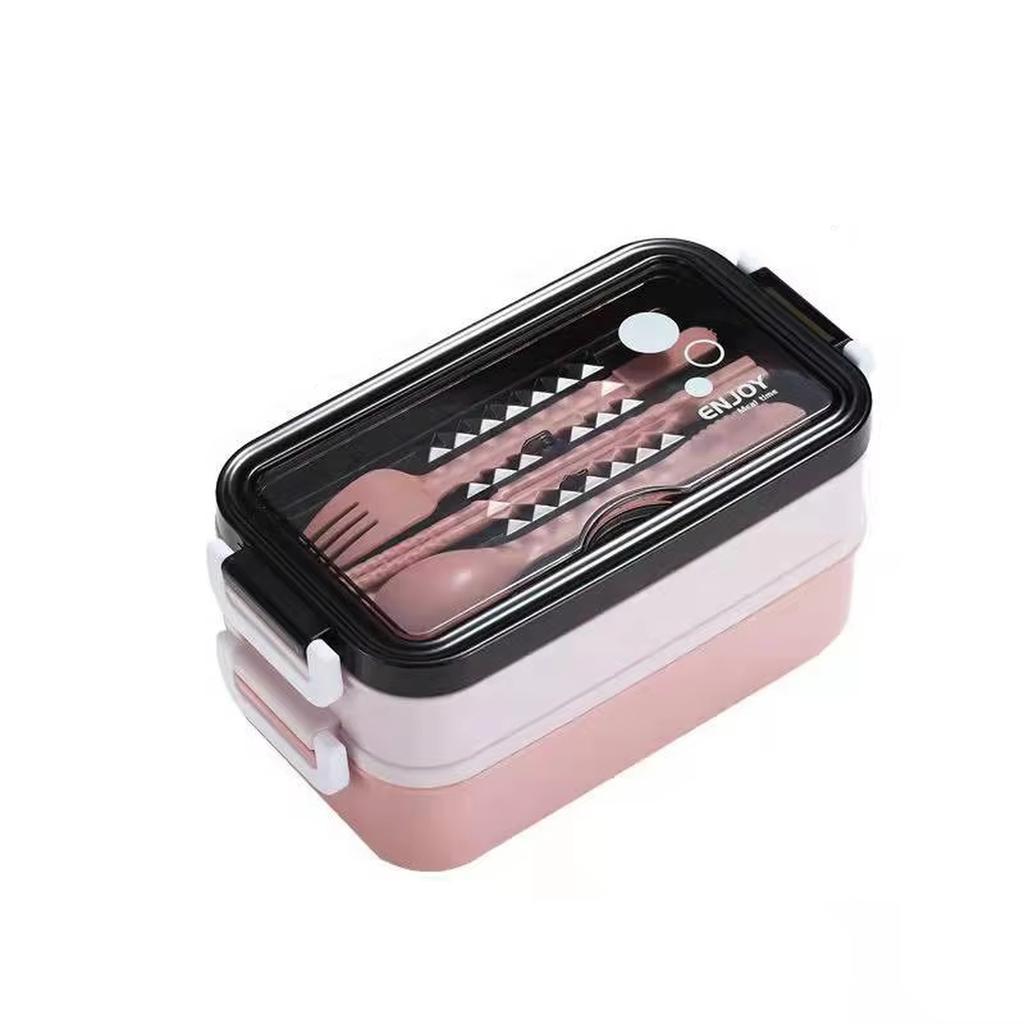 Food Grade Plastic Lunch Box 2 Layer Bento Box Microwave Safe with Utensils for Car