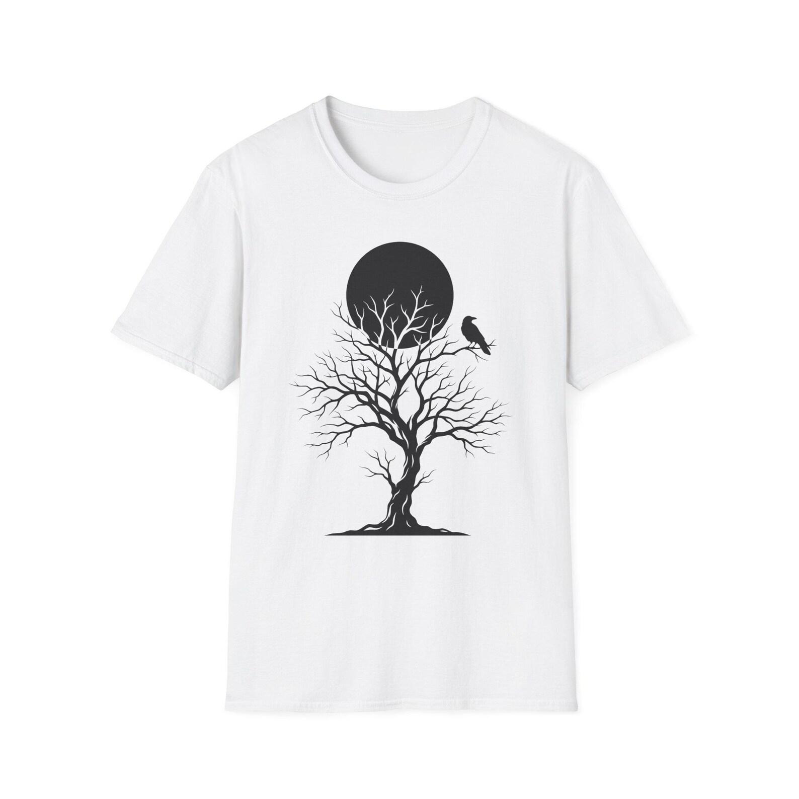 Gothic Raven Moon Tree T-Shirt | Dark Nature Silhouette Tee, Halloween Gift 2XL