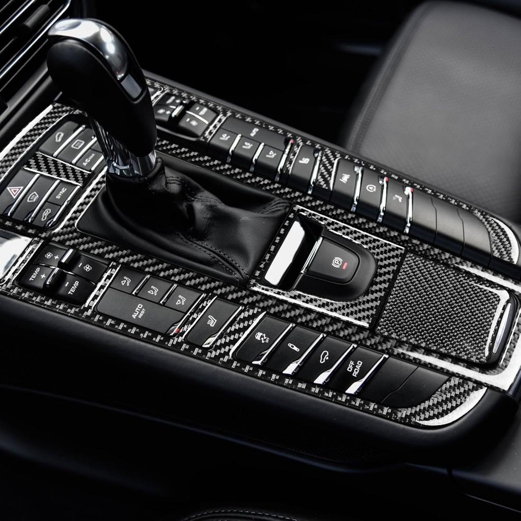 Real Premium Carbon Fiber Car Center Console Gear Shifter Electronic Handbrake Panel Cover Trim Soft Sticker Set Compatible with Porsche Macan