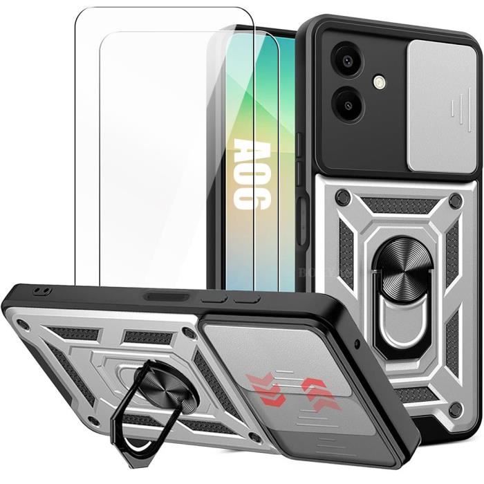 2 Verres Trempés + Coque pour Samsung Galaxy A06, Argenté Antichoc Cache Caméra Anti-Rayure Rigide