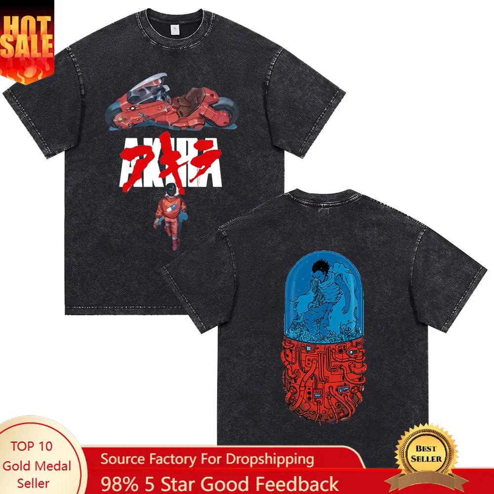 Anime Akira Vintage Washed T Shirt 90s Science Fiction Movie Shotaro Kaneda Short Sleeve T Shirts Cotton Casual Loose Tshirts