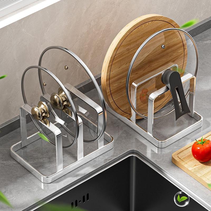 Prostorově úsporná kombinace organizéru na poklice a krájecí prkénka z nerezové oceli - Odolný stojan na pracovní desku, Kuchyňský organizér