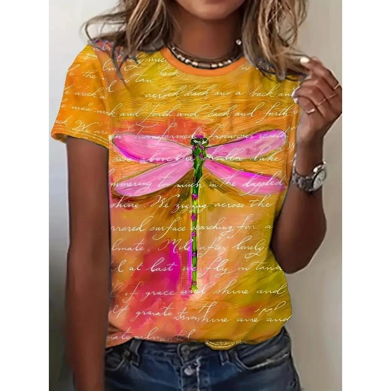 

Summer Round Neck 3D Dragonfly Print Top Fashionable Casual Short Sleeved Women s T-shirts XS