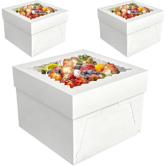 Набор из 3 штук Белые коробки для тортов 25x25x20 см с окном и крышками – Одноразовые коробки для выпечки для тортов, пончиков, пирогов, печенья – День рождения, Свадьба, Вечеринка
