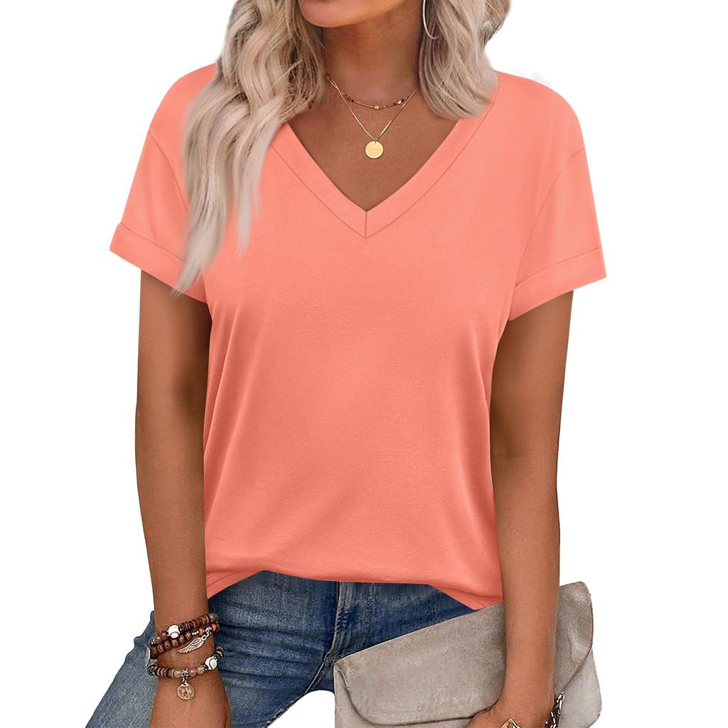 Women's Casual V Neck Short Sleeve Top Relaxed Fit Lightweight Soft Fabric Comfortable Daily Wear Summer Spring Blouse