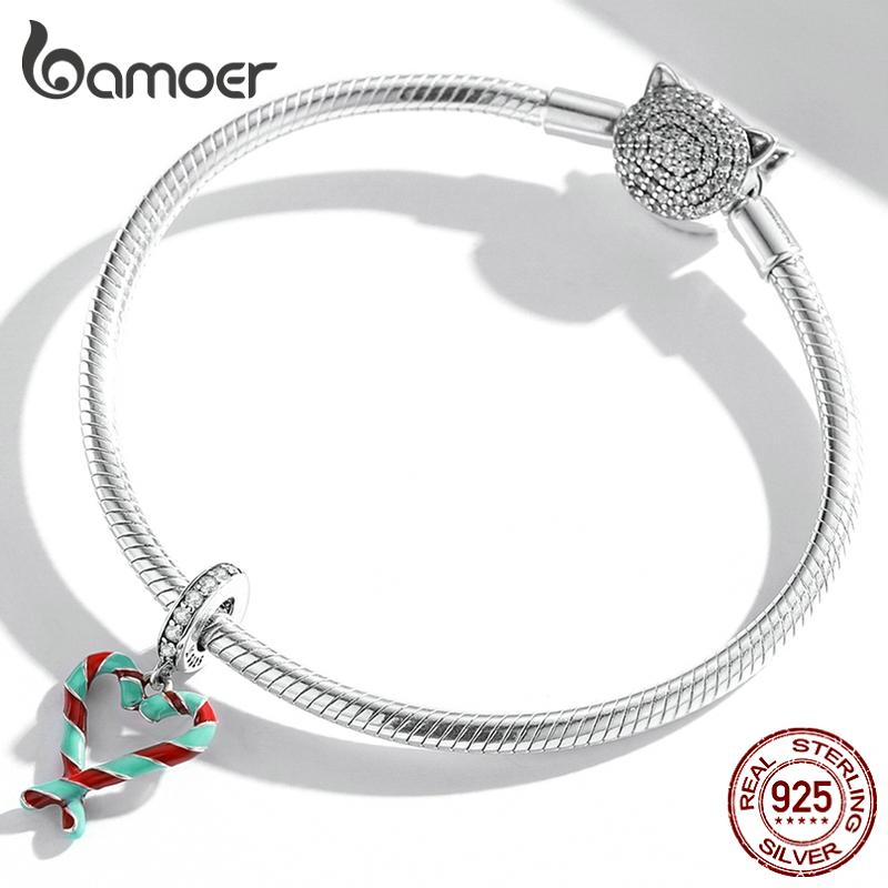 Bamoer 925 Sterling Silver Candy Canes Love Pendant Fit for Women Bracelet & Bangle Christmas Gift