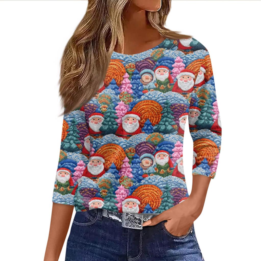 Women's Fashionable Casual Three Quarter Sleeve Christmas Printed Round Neck Top