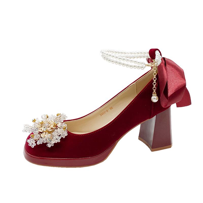 

Fashion Spring New Coarse Heel Single Shoes Women s Fashion Round Head Shallow Mouth Suede Flower Thick Soled Wedding Shoes 40