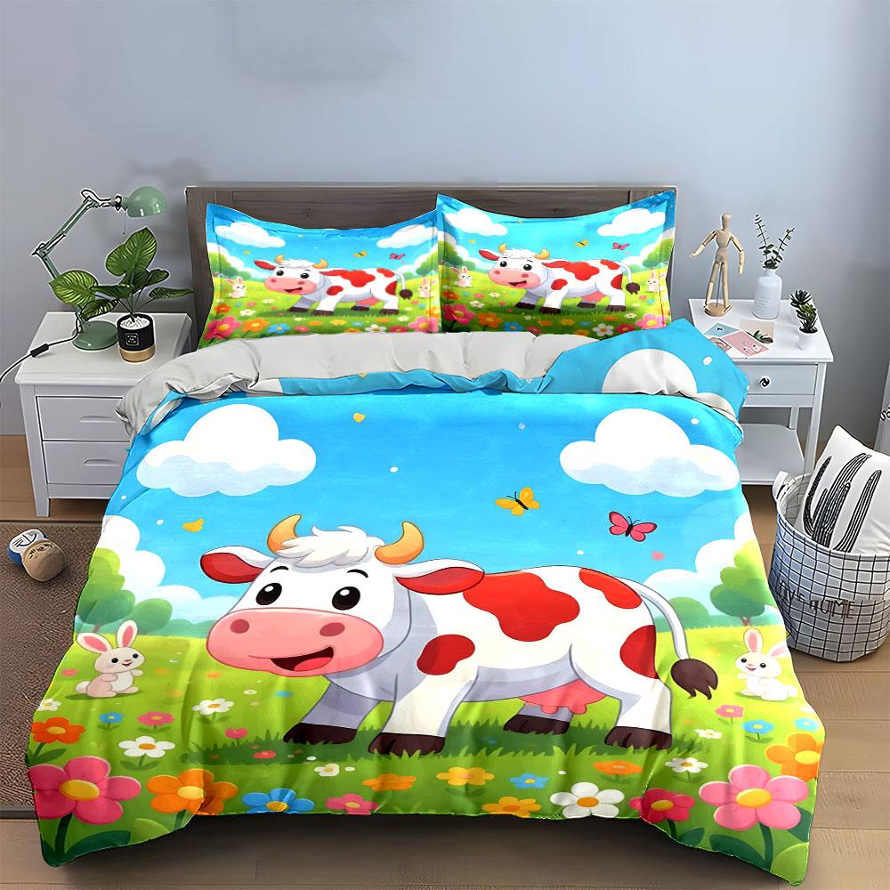 Smiling Cow with Flowers. Bedding Sets Duvet Cover Sets Duvet Covers Pillowcases(1 * Duvet Cover 2 * Pillowcases Without Duvet Insert)