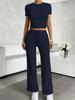 2025 Spring Women Solid Short Sleeve Crop T-Shirt & Drawstring Flared Pants 2 Piece Casual Loungewear Set
