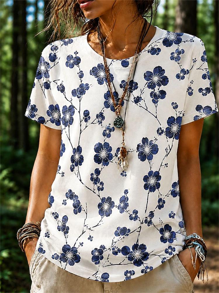 Women's Summer Fashion Casual T-Shirt 3D Floral Print Round-Neck Short-Sleeve Top Elegant and Chic Women's Short-Sleeve Top
