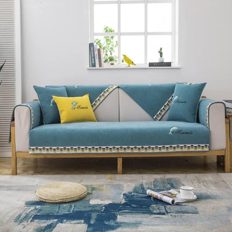 Chenille Dolphin Embroidered Sofa Towel Universal Sectional Solid Color Sofa Cover Modern Anti-slip Couch Cover for Living Room