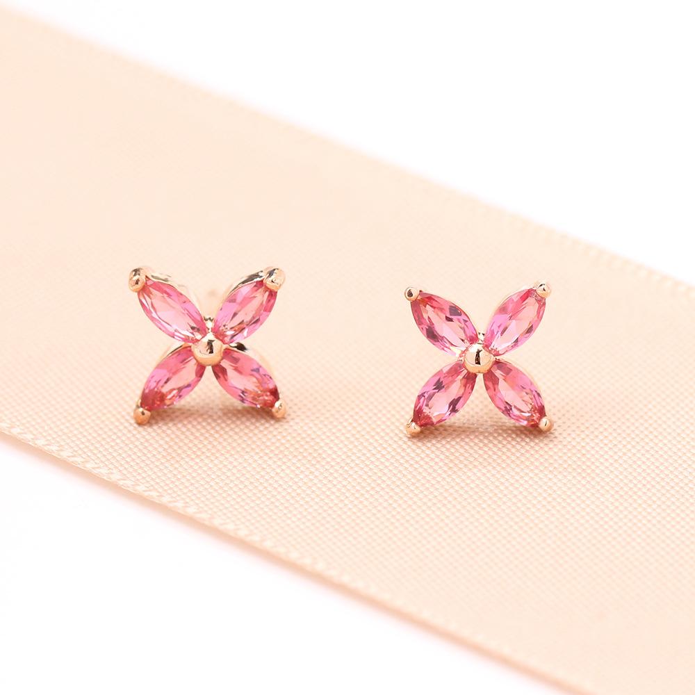 New Product Simple Gold-plated Stone-inlaid Red Flower Stud Earrings Temperament Korean Version Sweet and Elegant Earrings Earrings Lady Style