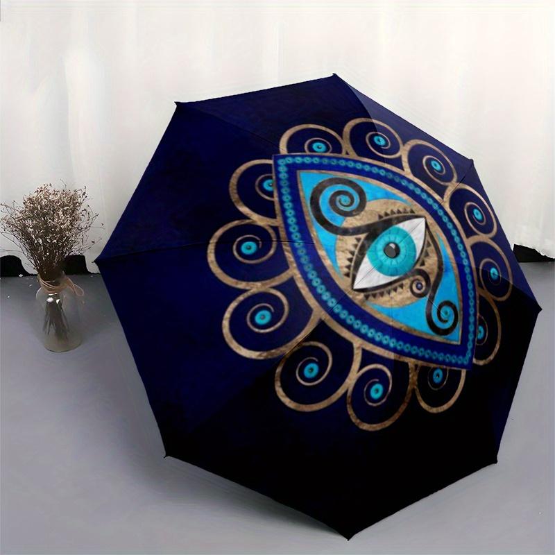 Elegant Evil Eye Decorative Plate Blue and Gold Mandala DesignUmbrella, Portable 3-Fold Compact Umbrella for Men & Women ES58