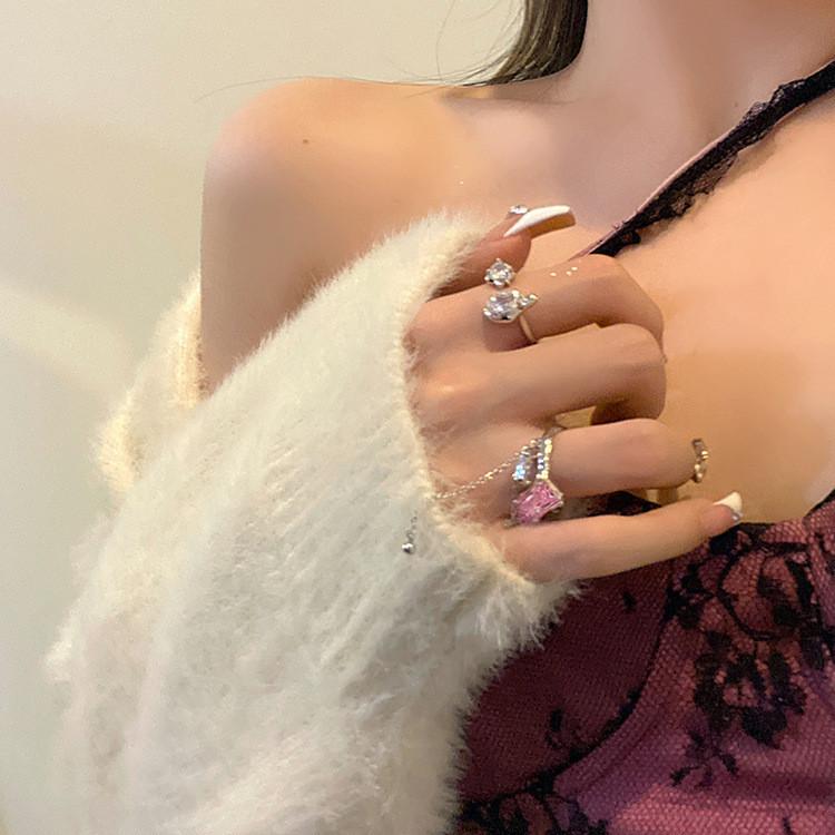 Elegant Korean Style Adjustable Geometric Pink Zirconia Ring For Women Fashion Accessory