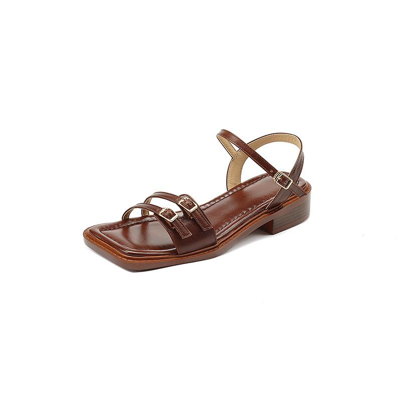 

French versatile outerwear niche square head soft-soled flat-soled sandals new retro brown summer open-toed Roman sandals 40