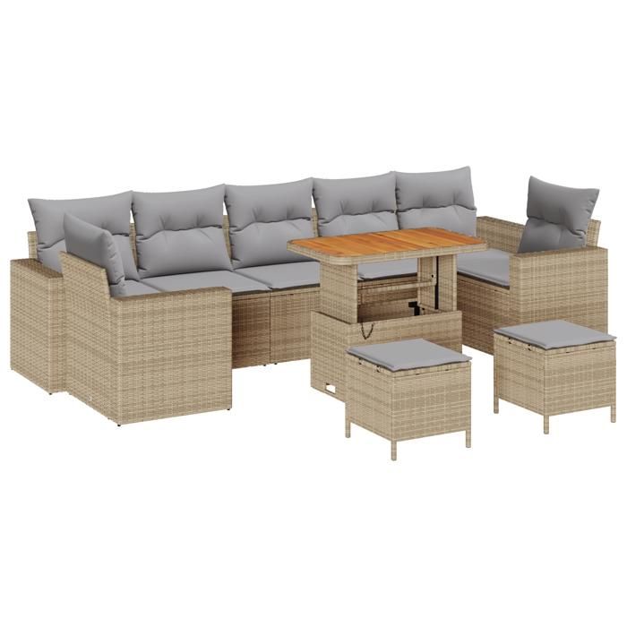 VidaXL Set de canapé de jardin 10 pièces avec coussins en rotin poly beige et acacia 3361602