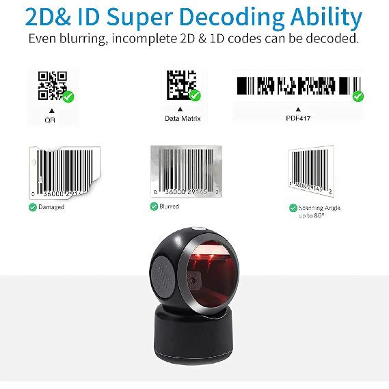 2D QR Hands-Free Barcode Scanner Omnidirectional Automatic Sensing Scanning USB Barcode Reader Adjustable Screen Scanning Platform Scanner for POS PC