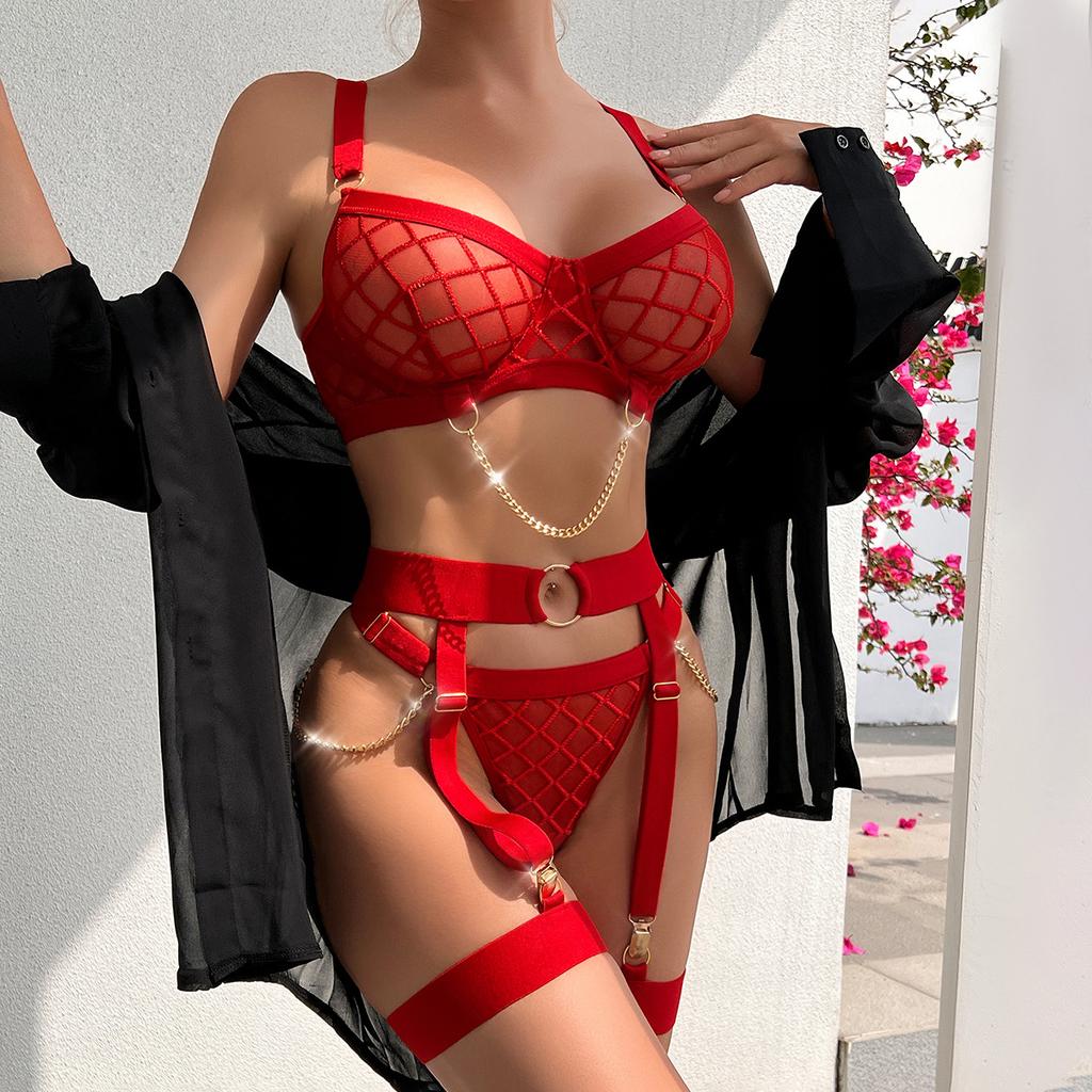 Yimunancy Mesh Lingerie Set Women Transparent Plaid Bra + Chain Brief Sexy Underwear Set Red Erotic Garter Kit