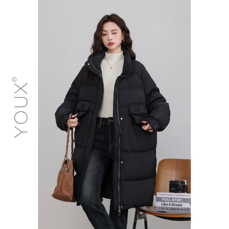 Womens Mid-Length Down Coat With Stand Collar White Duck Fill Candy Colors Slim Fit Winter 2025