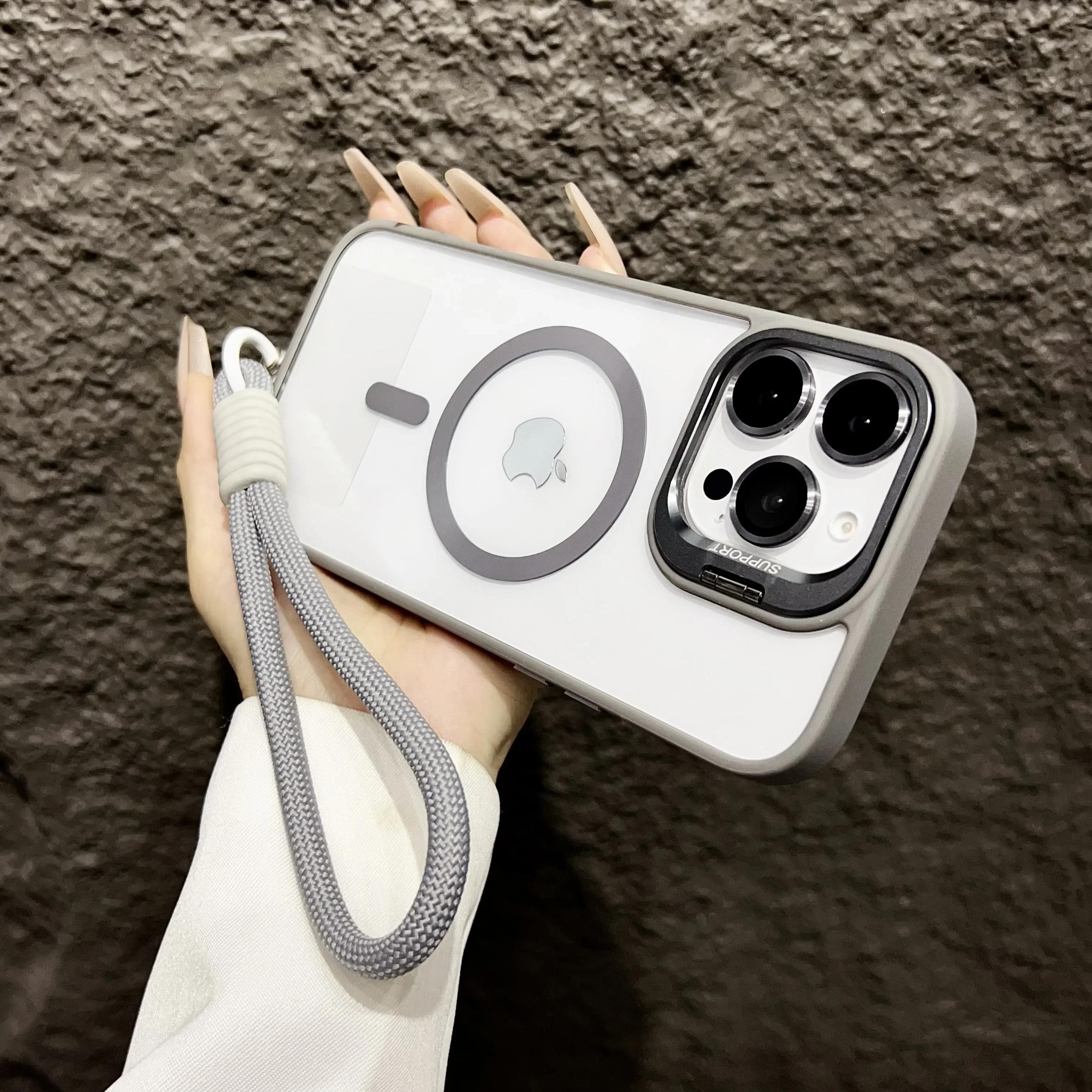 

Роскошный магнитный чехол для iPhone 16 14 13 12 11 15 Pro Max Plus Funda Stand с ремешком для защиты стеклянной линзы для Magsafe For iPhone 16Pro&Case & Strap серый