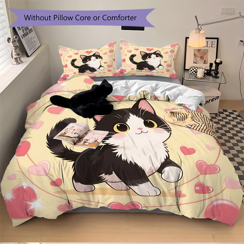 3er Set Bettbezug mit Love Cat Design Aufdruck (1 * Kissenbezug + 2 * Kissenhüllen, ohne Füllung), Geeignet für Heimschlafzimmer, Gästezimmer, Wohnheim Dekoration